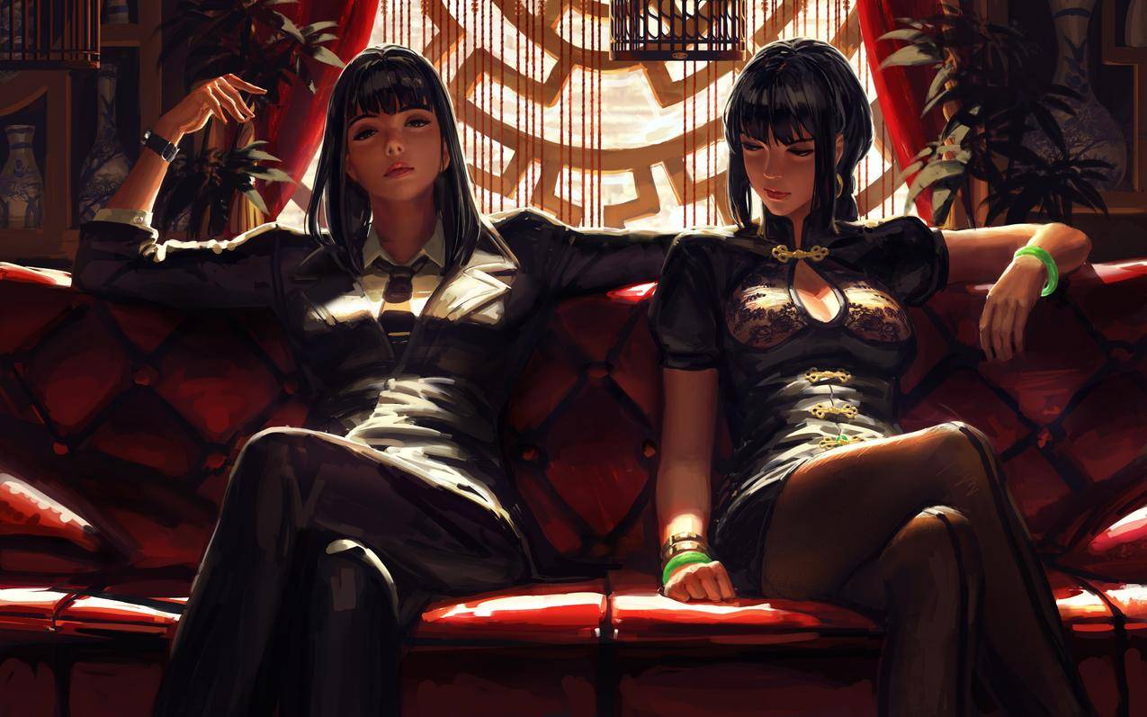 两个动漫女孩 坐着 中式连衣裙 连裤袜 4k动漫壁纸