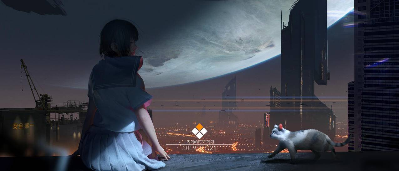 水手服 校服 天台 猫 月亮 夜晚 城市 4K高清动漫壁纸
