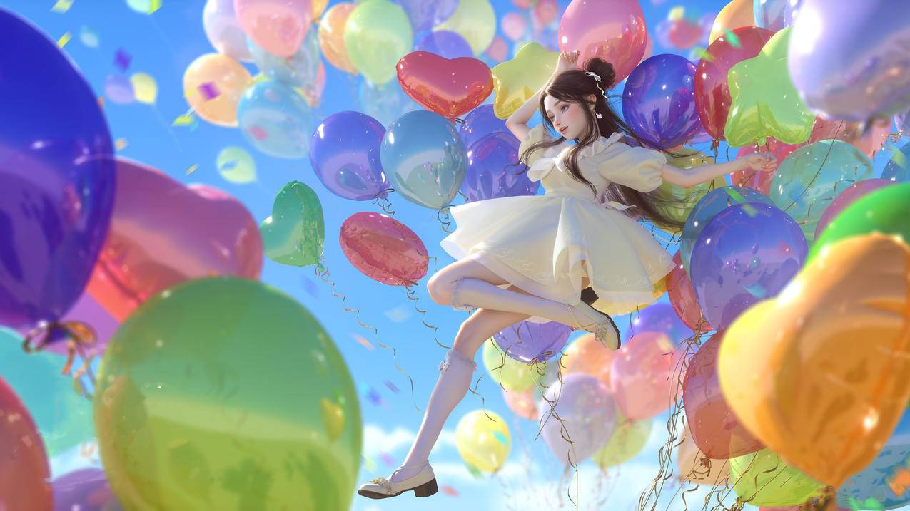 五彩气球 可爱女孩 白裙 蓝天 3D 4K高清壁纸