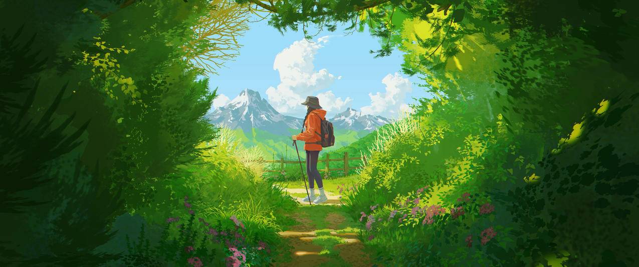 登山的女孩 插图绘画 风景 阳光 云朵 山脉 3440x1440带鱼屏壁纸护眼