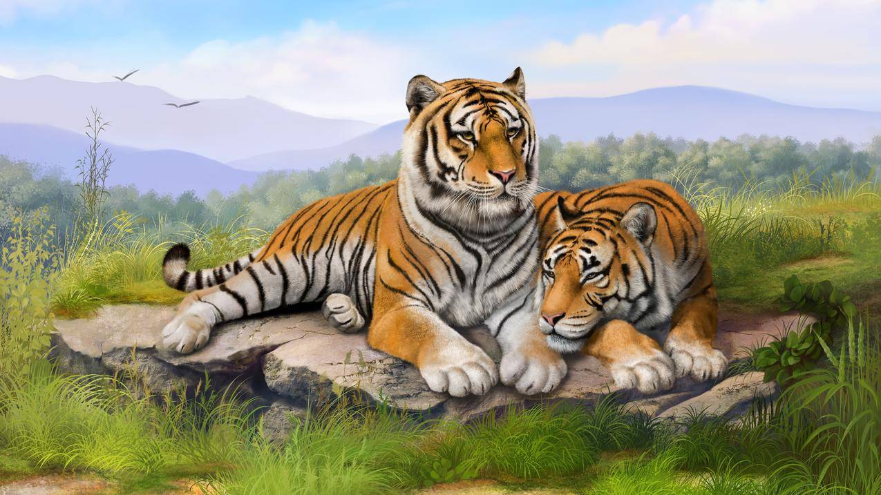 两只老虎手绘风景4k壁纸
