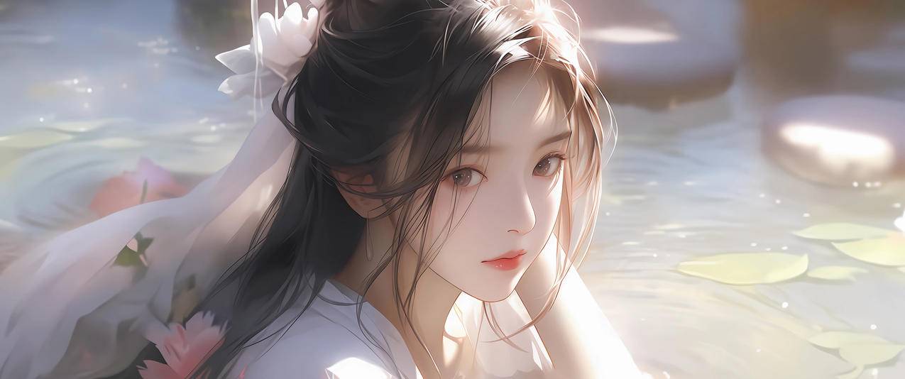 水中的古风美女 花 3440x1440带鱼屏壁纸