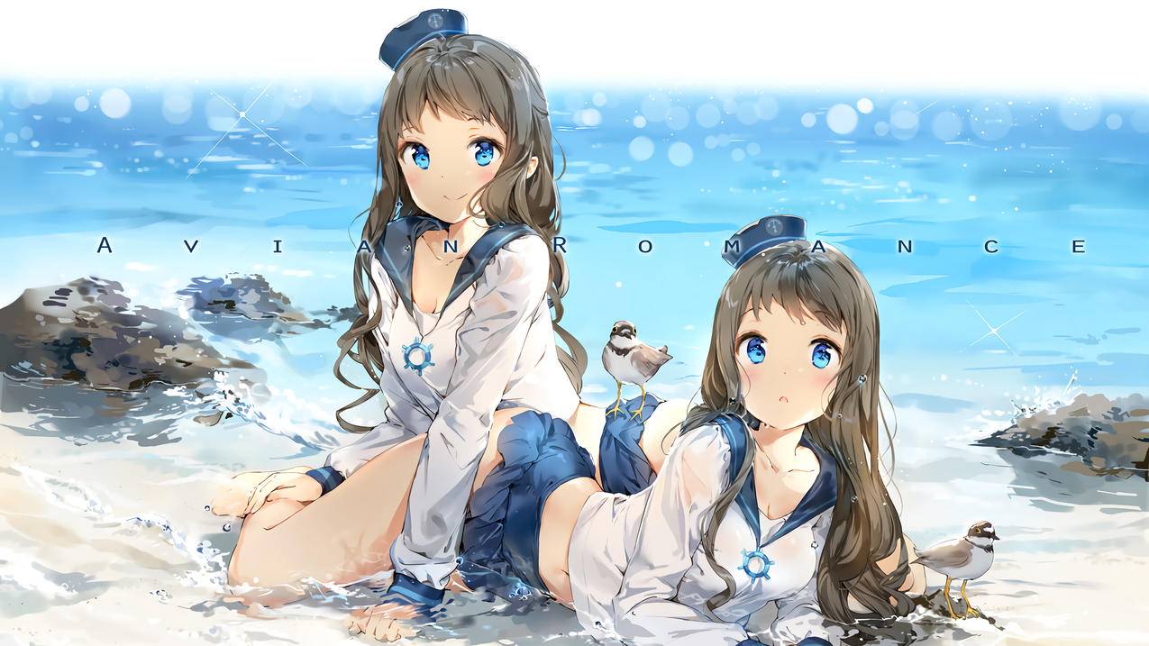 二次元 双胞胎美少女 水手服 海滩 4k动漫壁纸 4k手机壁纸