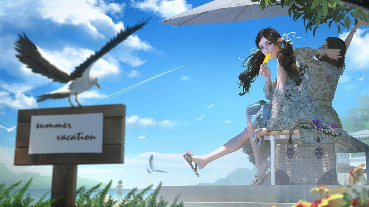 女孩 3D 夏天 海边城镇 海鸥 树荫 4K高清动漫壁纸