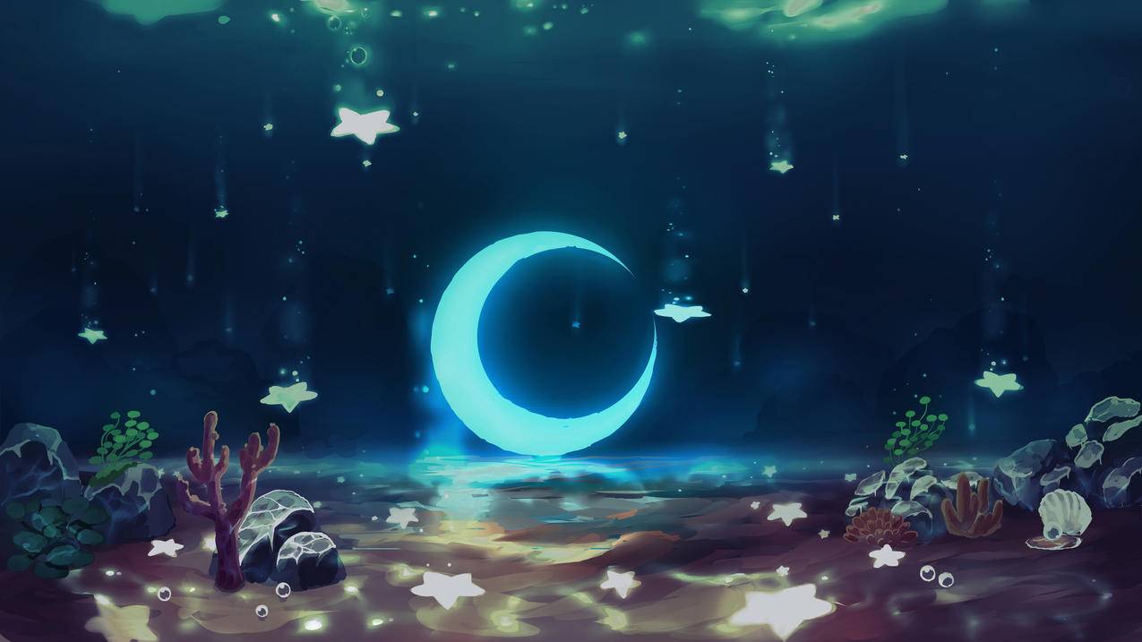海底 水下 月亮 星星 4K高清动漫风景壁纸