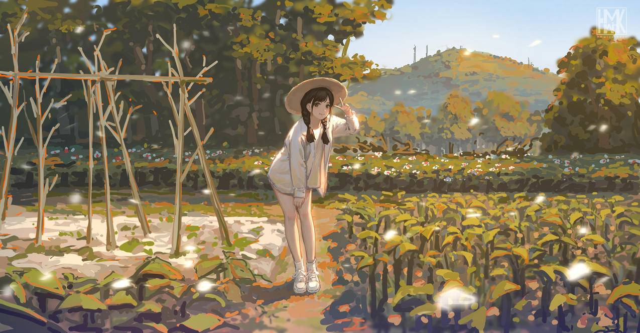 走在田埂里的可爱女孩 风景背景4K动漫壁纸