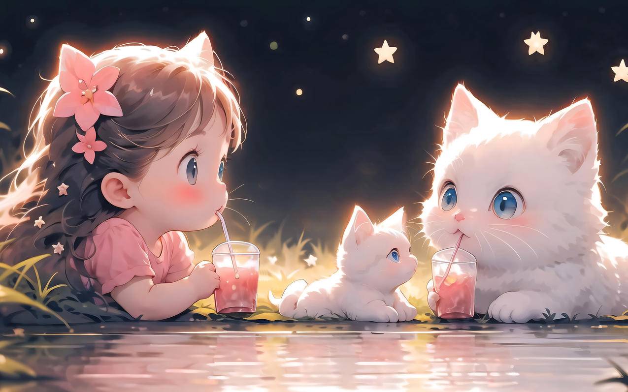 《一起喝果汁喵》小猫 女孩 画师 炼丹 2560x1600高清壁纸