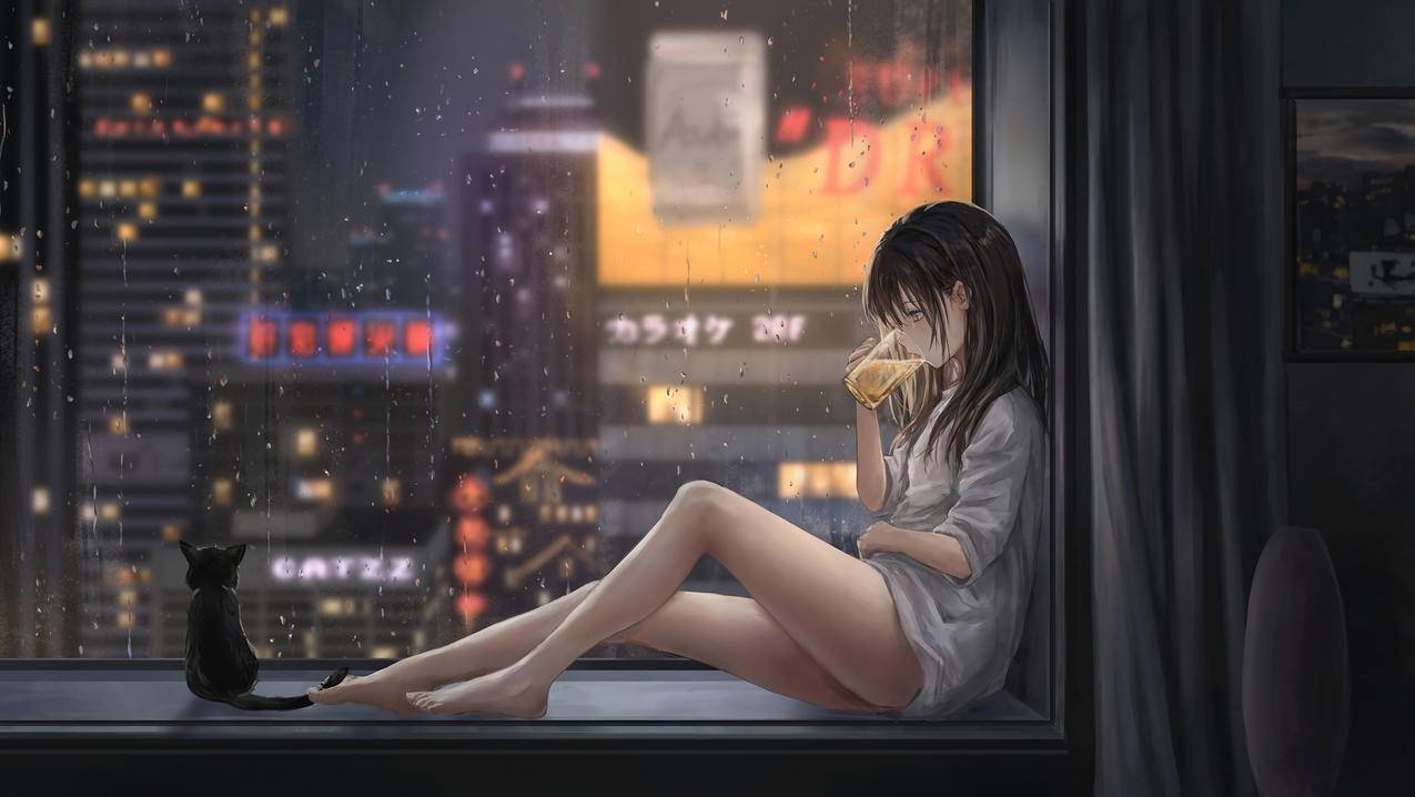 女孩喝啤酒 飘窗 城市夜雨景 猫 好看唯美 4K动漫壁纸