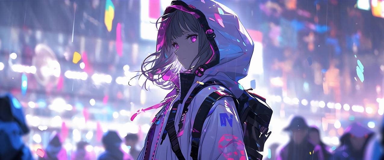 赛博朋克女孩 雨夜 霓虹 3440x1440带鱼屏壁纸