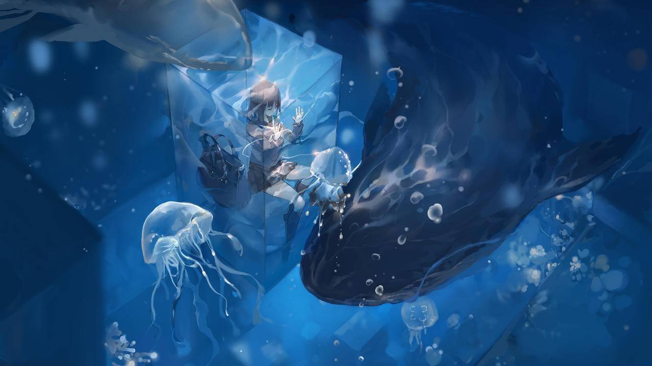 深海 水底 水母 女孩 鲸鱼 校服 4K高清动漫壁纸