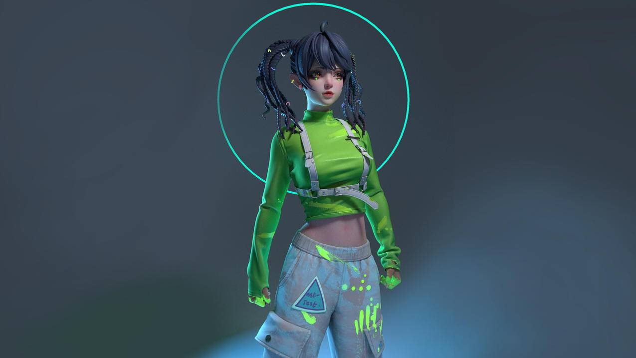 3D女孩 辫子 绿色 荧光4k动漫壁纸