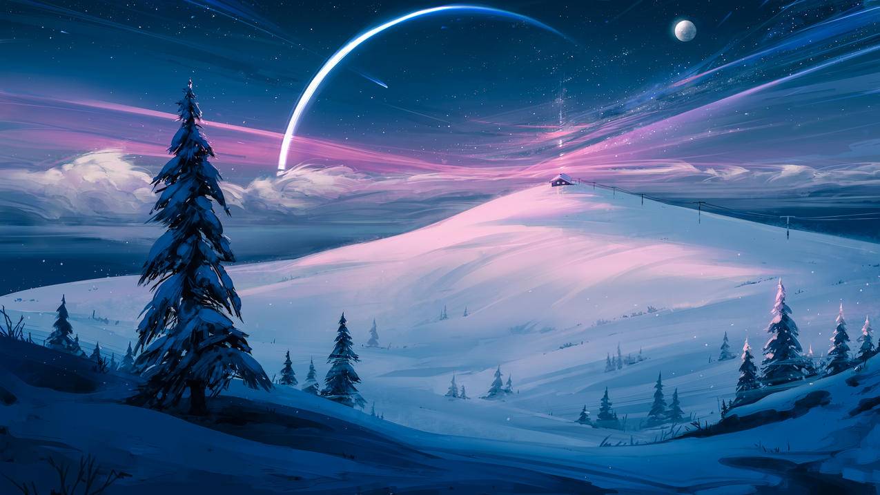 雪，冬天，4K，自然，山，云，树，星星，星空，天空，月亮，4k风景壁纸