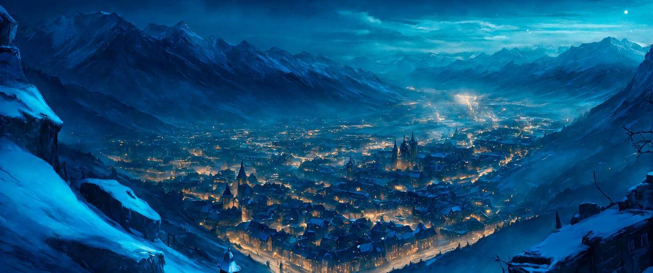 山谷之城 灯光 雪夜3440x1440带鱼屏壁纸
