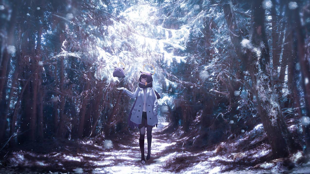 女孩 森林 雪 5K高清风景动漫壁纸