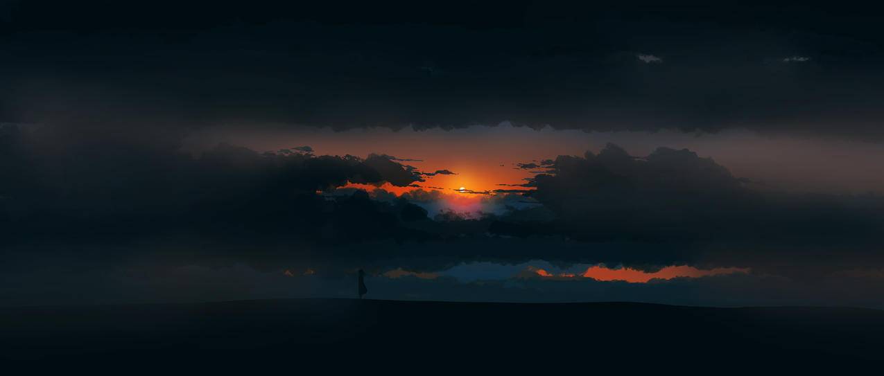 一个女孩 夕阳 天空 乌云 黑暗 极简主义 5k动漫风景壁纸