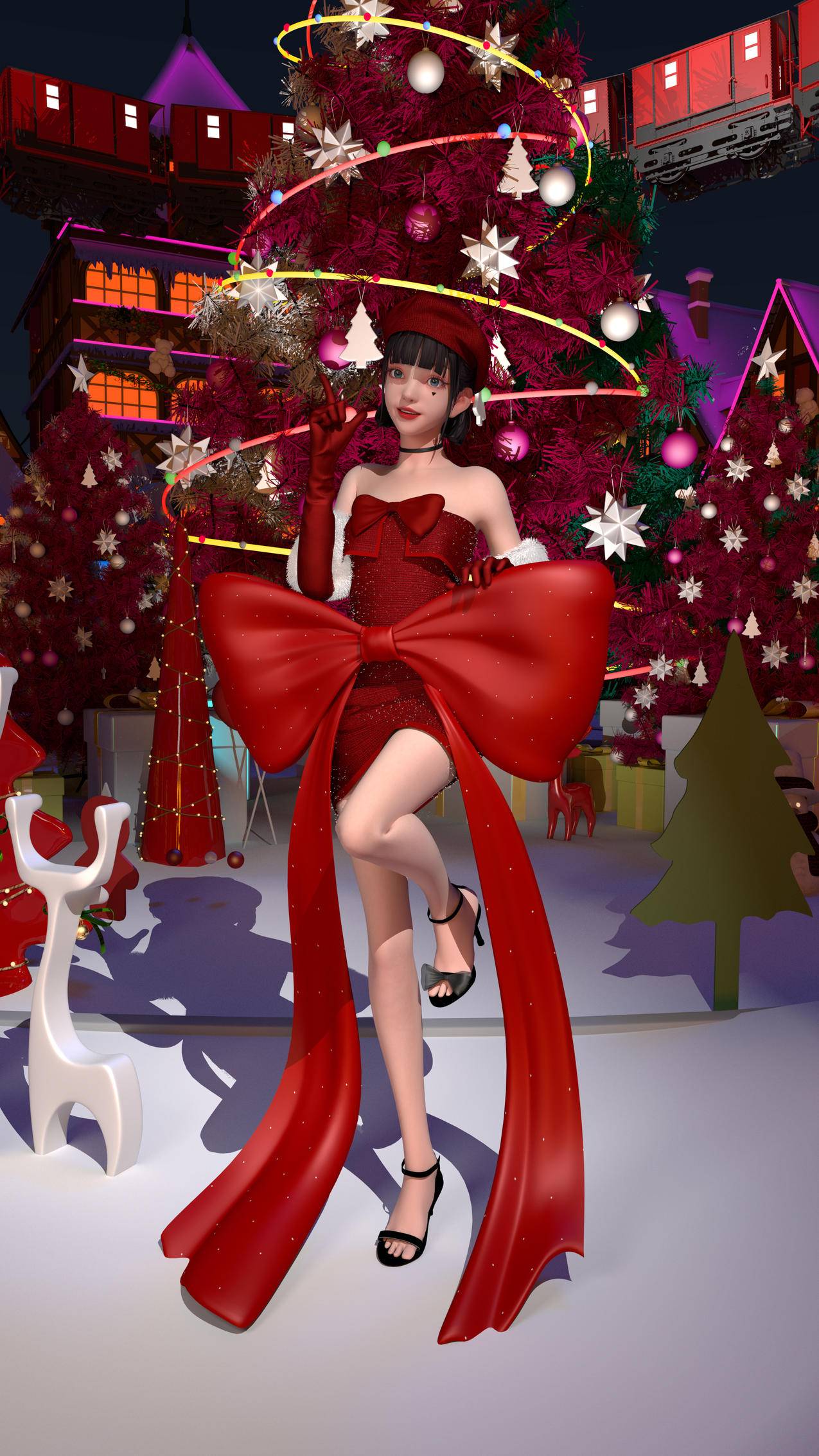集原美 红色裙子 蝴蝶结 圣诞节4k手机壁纸2160x3840