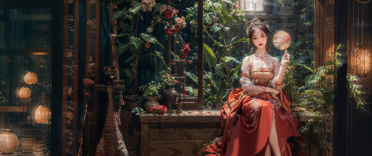 古风美女 扇子 红色裙子 室内 绿色植物 鲜花 3440x1440带鱼屏壁纸