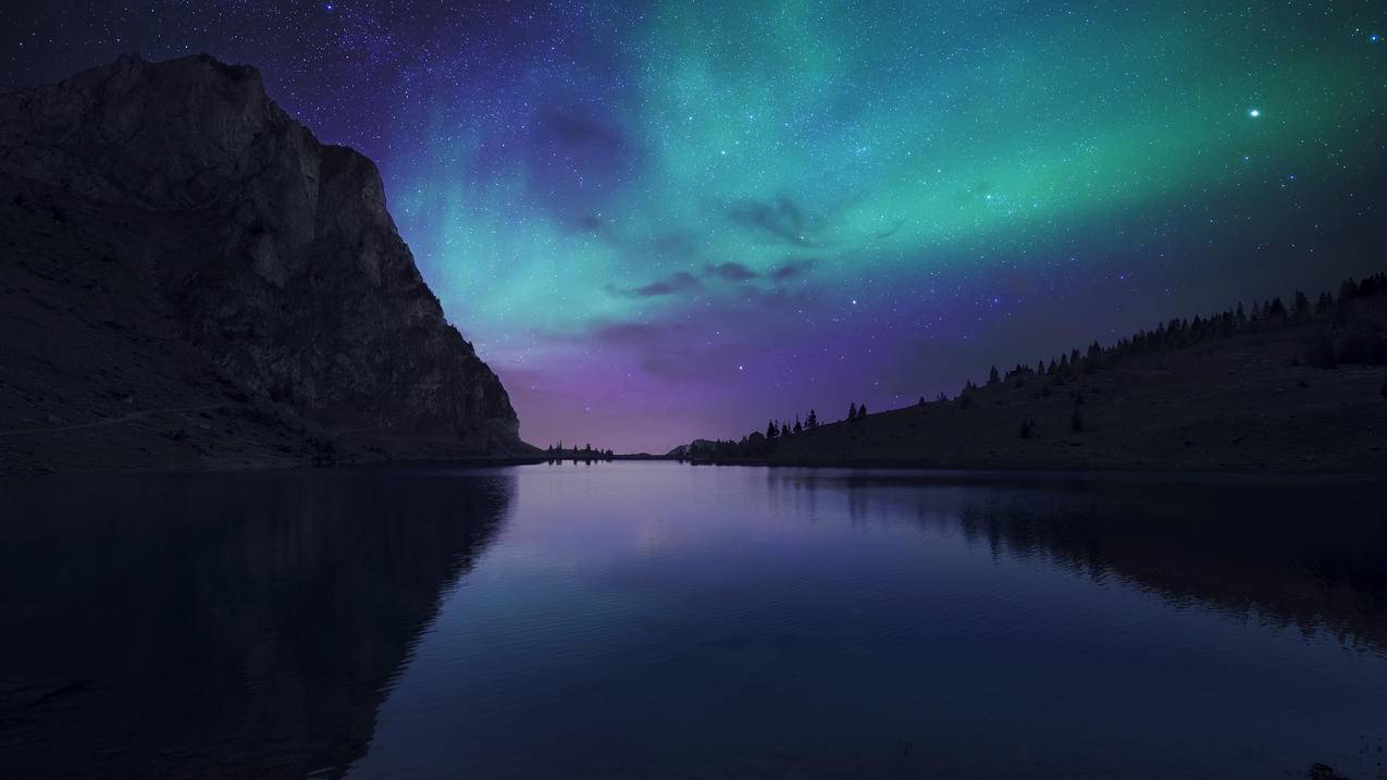 奥罗拉湖的夜晚瑞士Bannalp湖冰岛极光星空4k壁纸