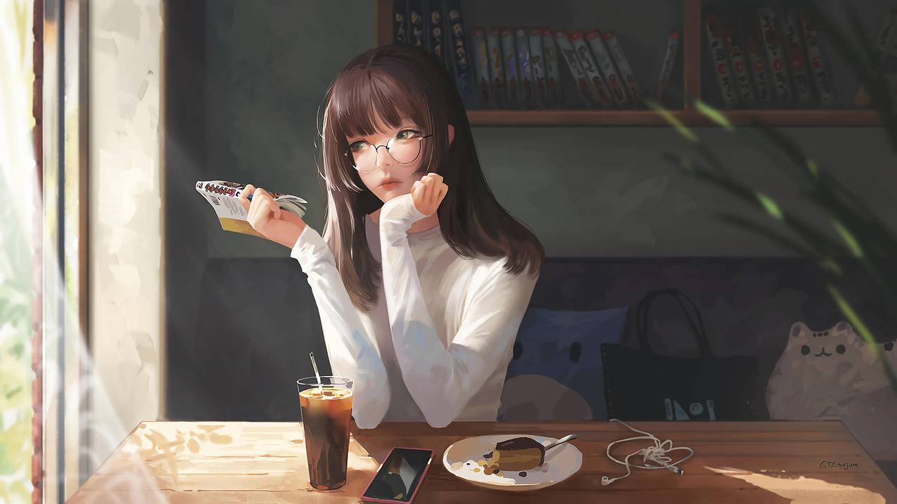 女孩 咖啡馆 书 甜点 眼镜 4K动漫壁纸