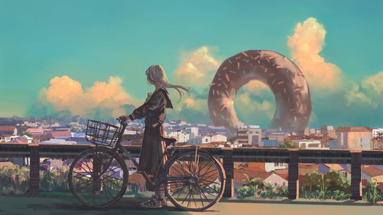 梦 少女 单车 甜甜圈 4K高清动漫壁纸