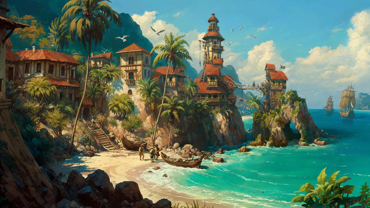 Forge of Empires 绘画 海岸 棕榈树 海 帆船 4k游戏风景壁纸 3840x2160