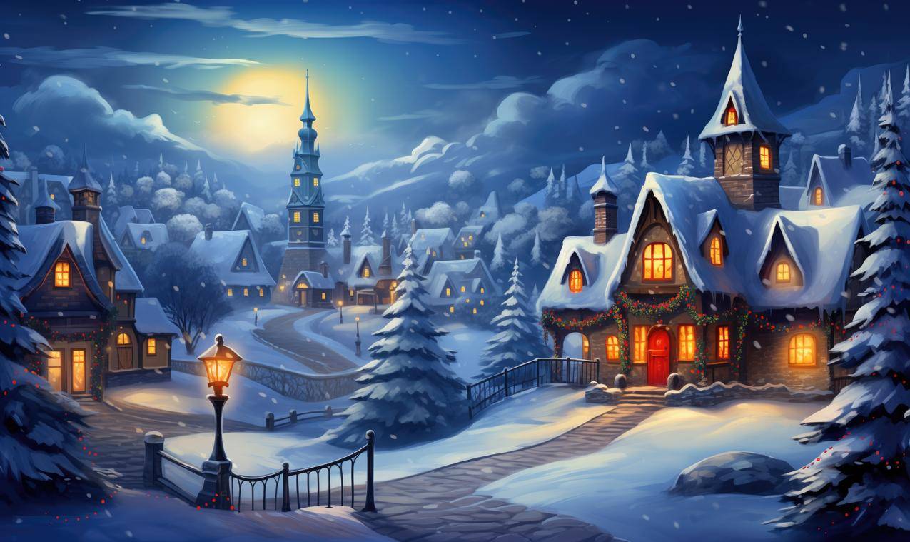 童话故事-圣诞节-村庄-风景-雪景-5K壁纸图片
