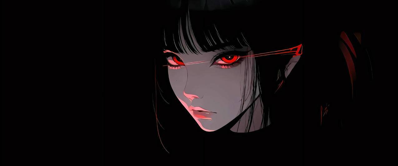 暗黑风少女 红色眼睛3440x1440动漫带鱼屏壁纸