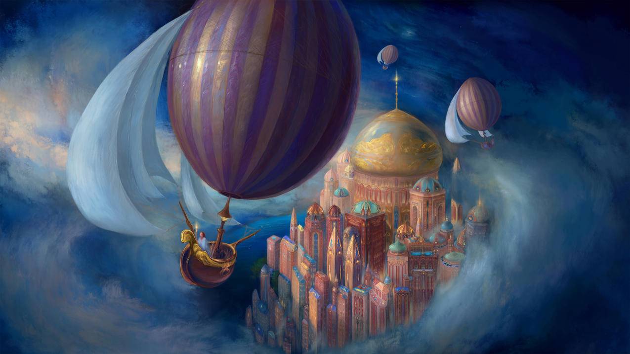 梦想 天空 城堡 热气球 4k高清风景壁纸
