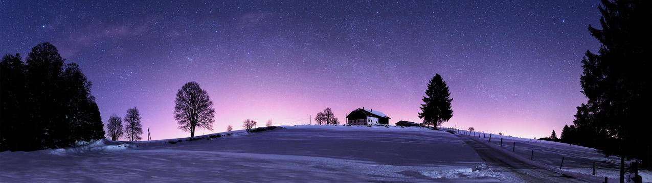 星空 夜色下的瑞士汝拉山5120x1440双屏风景壁纸5K