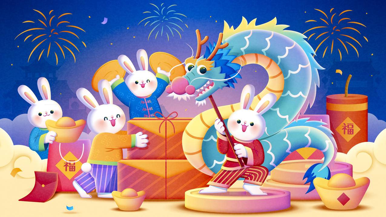 4只兔子 兔年 龙 烟花 金元宝 春节礼物 喜庆 4k壁纸