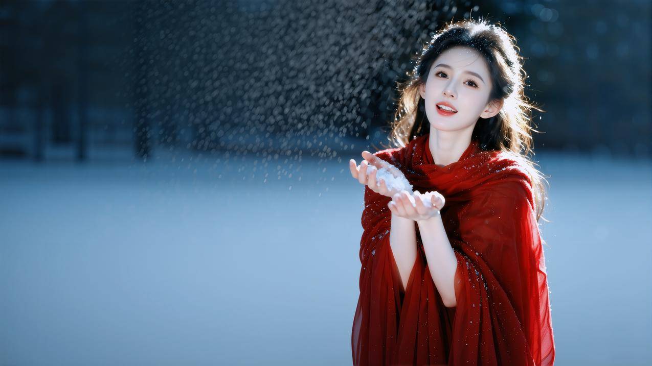 冬天 红色裙子漂亮美女 手捧着雪 4k高清壁纸