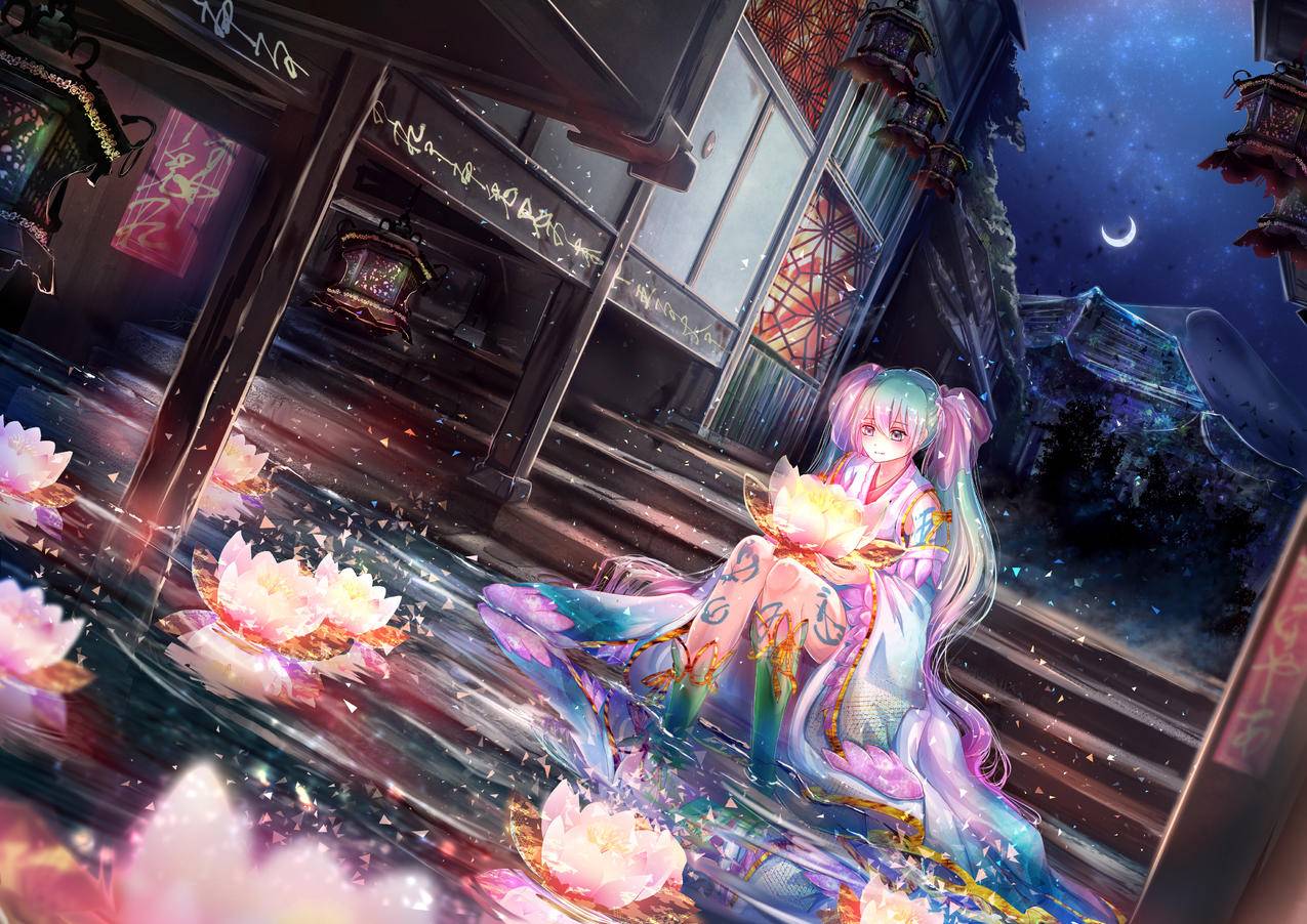 初音未来 彩色 莲花 荷花 夜晚 阶梯 街道 湖 光 4K高清动漫壁纸