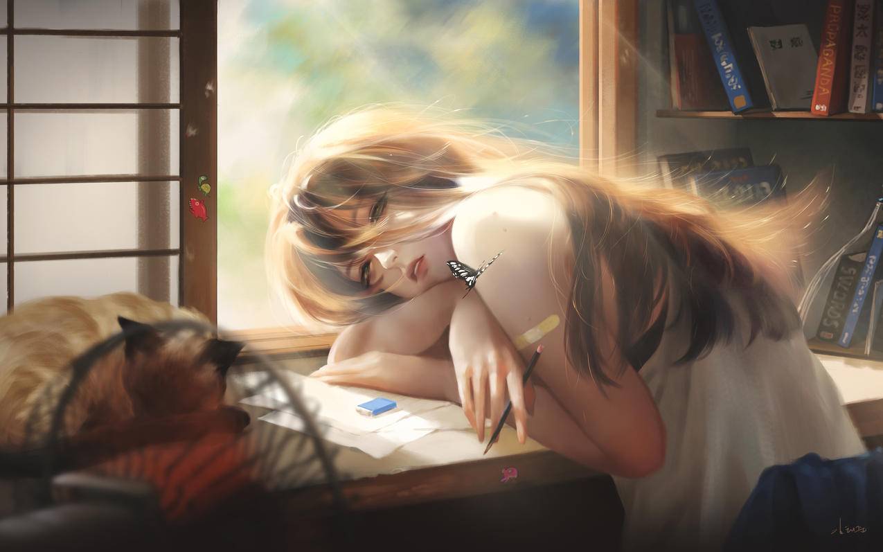 趴在桌子的女孩 猫 车机横屏壁纸4k超清全面屏 3840x2400