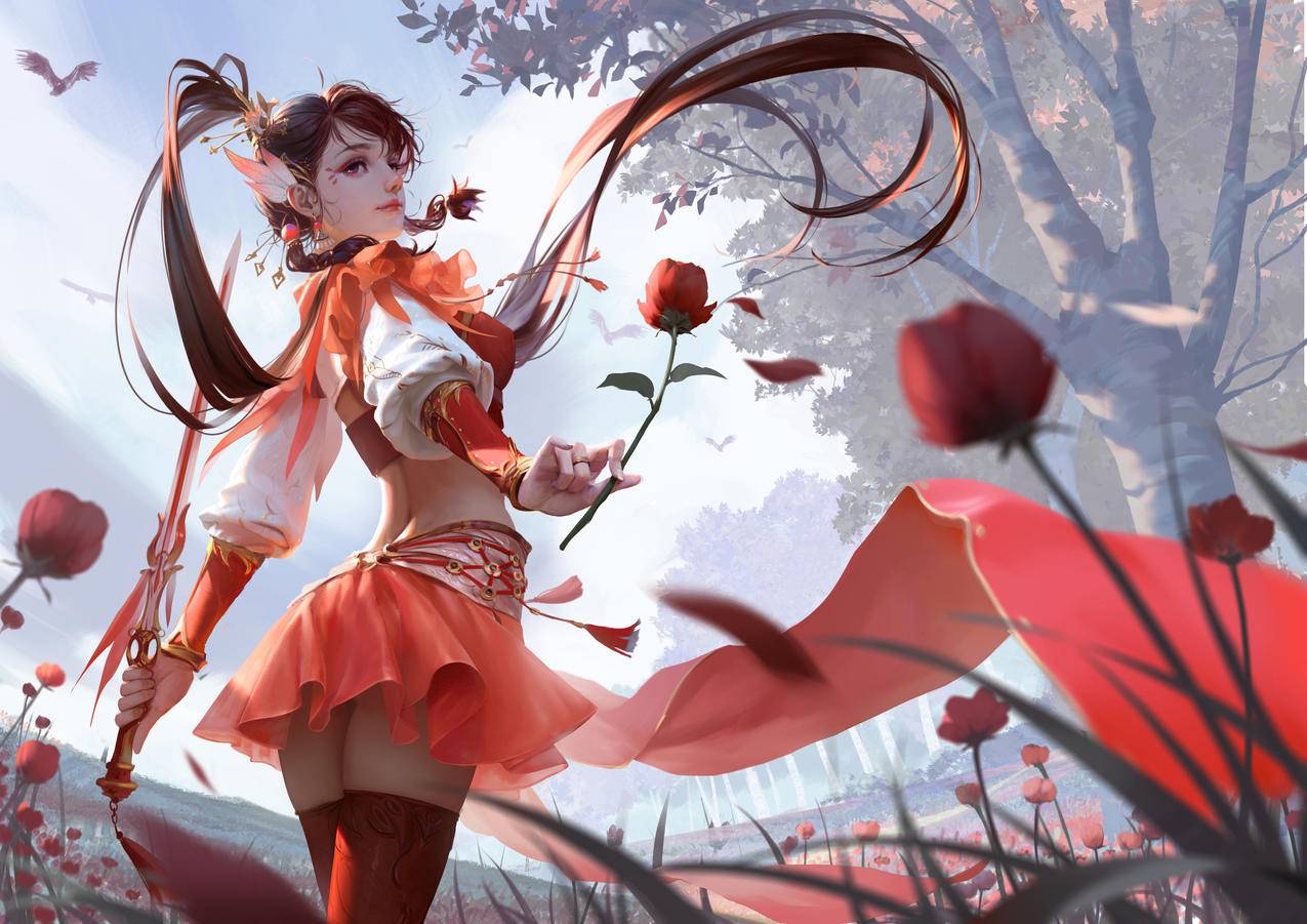 《三国杀》女孩 马尾 玫瑰花丛 花瓣 树 鸟 长剑 4K高清游戏壁纸