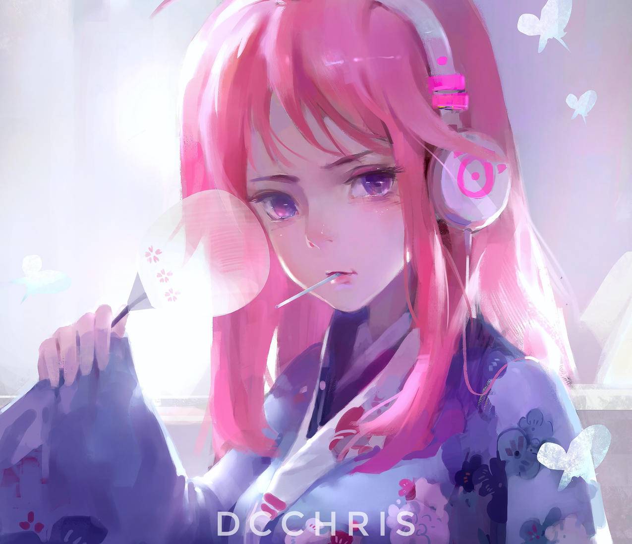 粉色头发 女生 女式耳机 dcchris插画 4K高清动漫壁纸