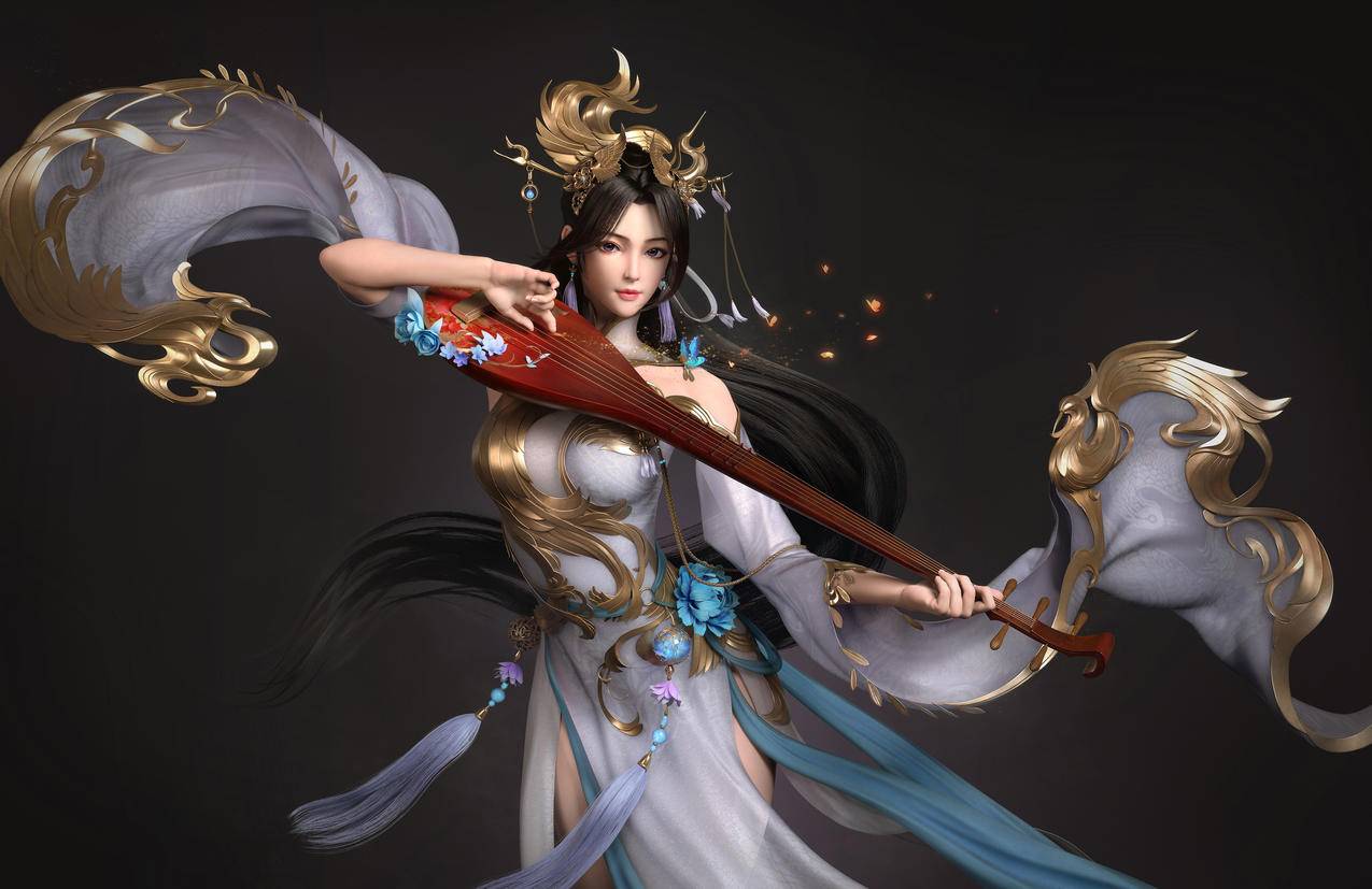 女孩 古风 古装 长裙 琵琶 蓝色花 4K高清动漫壁纸
