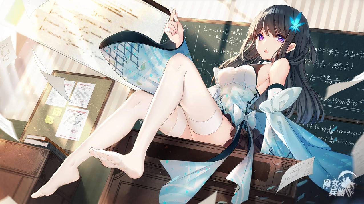 教室 黑板 蓝色裙子 白色丝袜少女 二次元 4K动漫壁纸