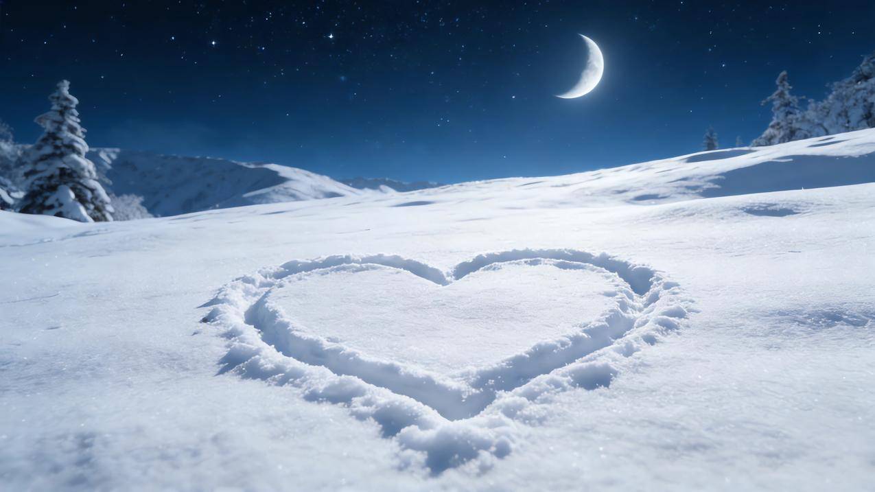 冬天 夜晚 星空 月亮 雪地 爱心4k风景壁纸