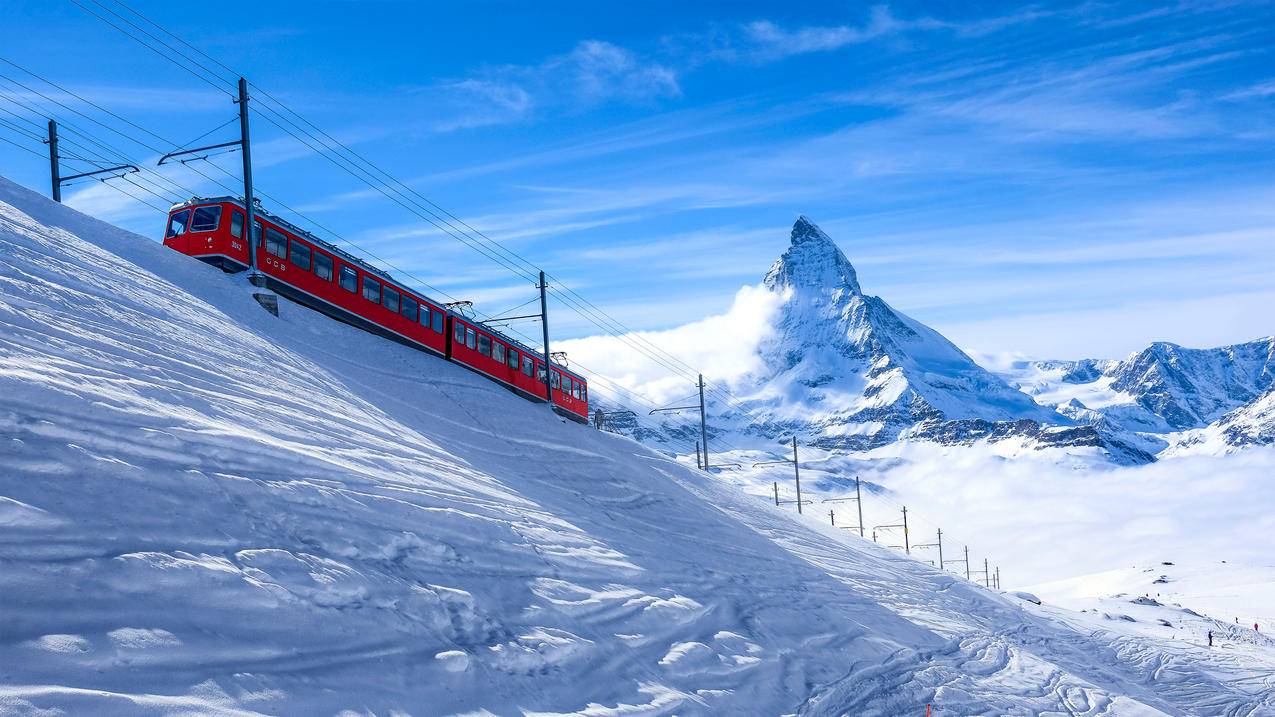 冬天 自然雪景 瑞士阿尔卑斯 雪 火车 4k风景高清壁纸