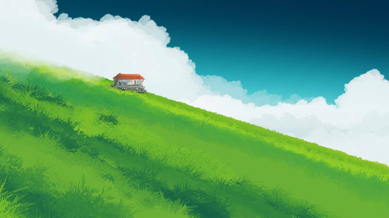 天空 云 绿草地 小房子4K风景壁纸