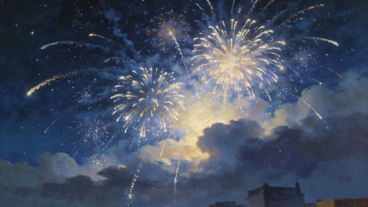 新年 天空 烟花 云朵 4k壁纸