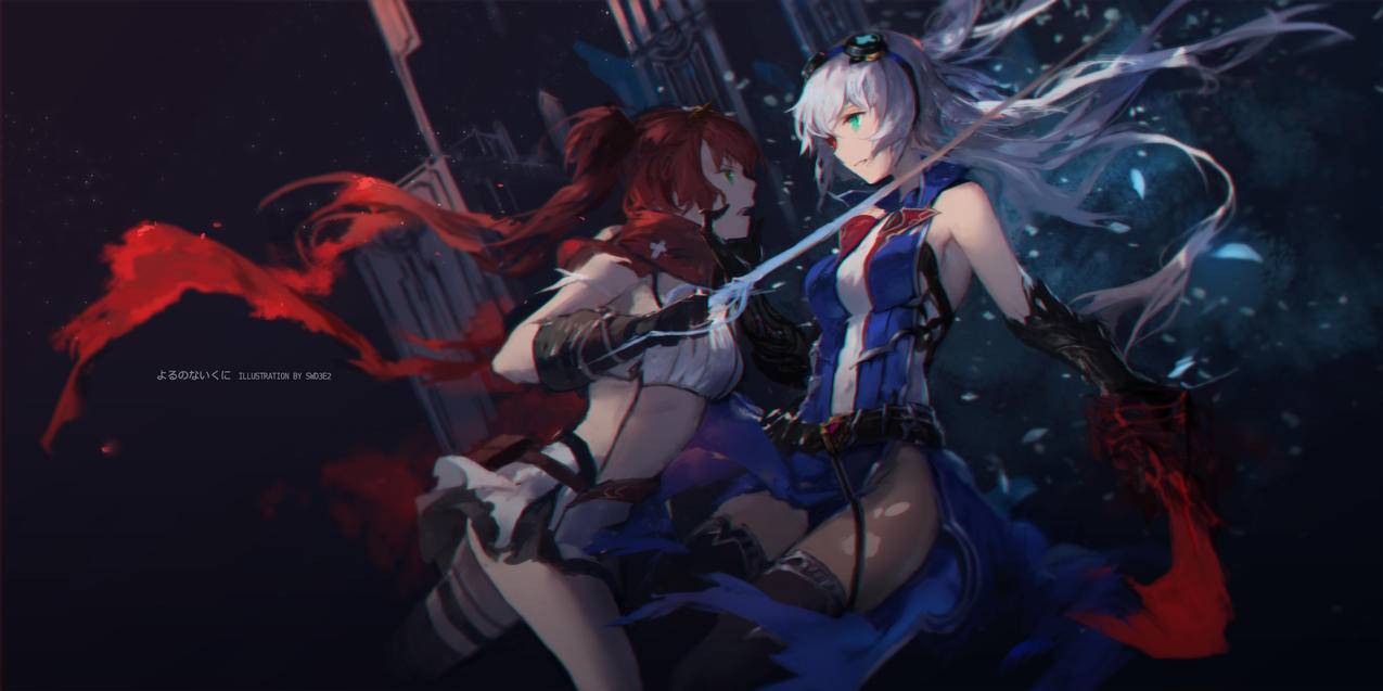蓝色的夜 两个女孩 美女战士 4k动漫高清壁纸
