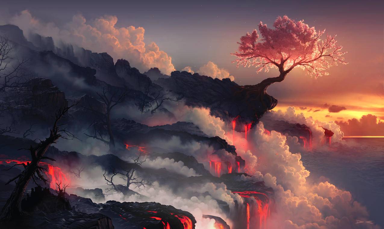 天空 云 火山 树 唯美艺术 4k风景高清壁纸