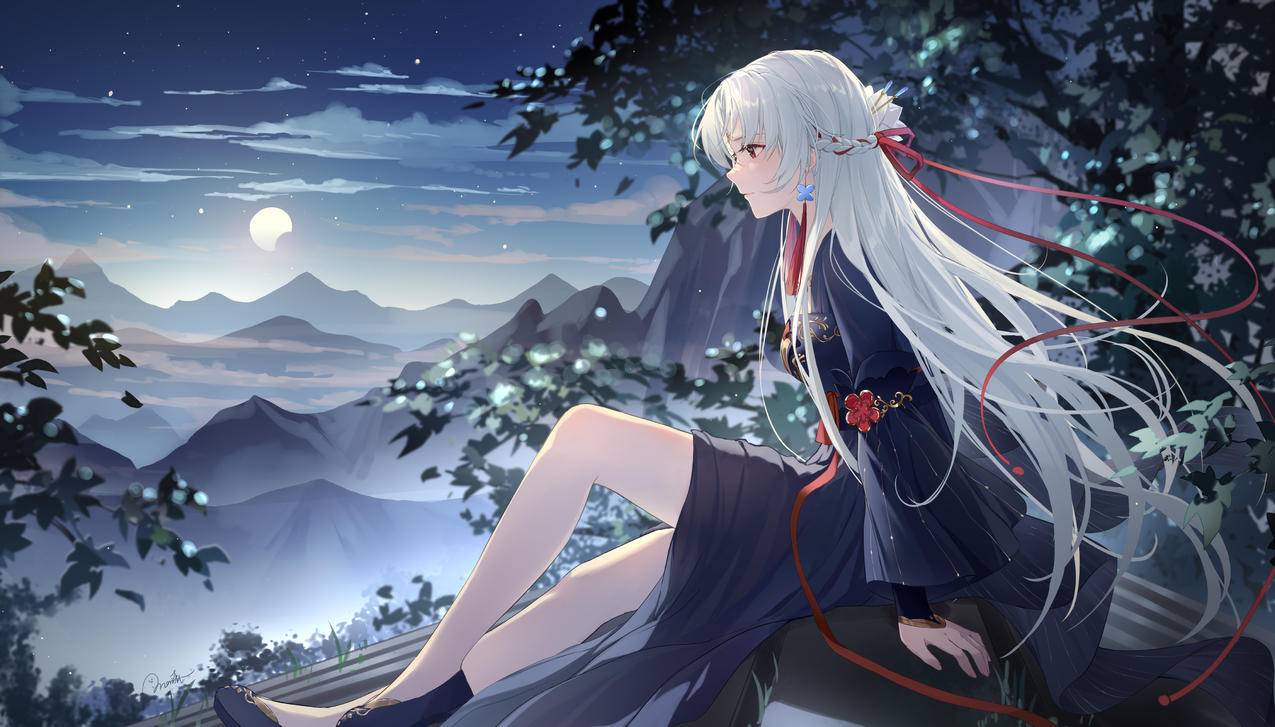 动漫女孩 长发 山景 望向远方 4k壁纸