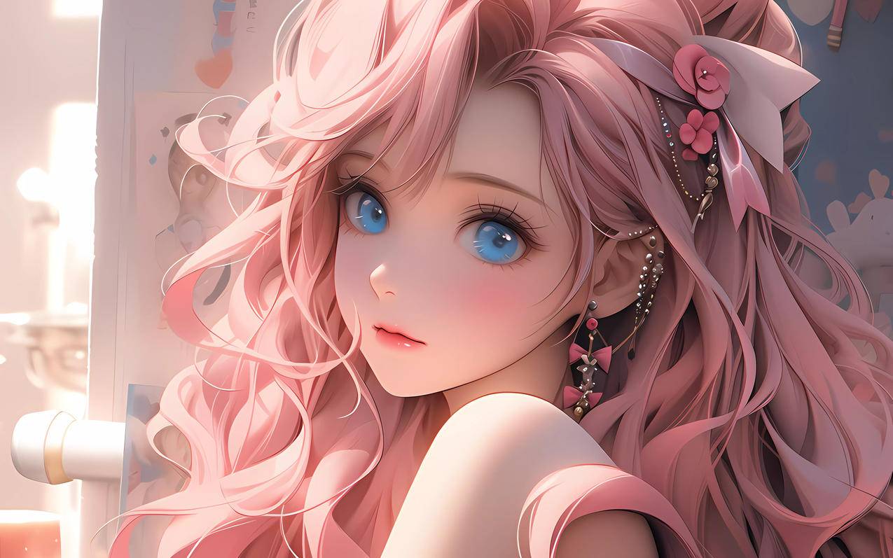 可爱粉色长发女孩 蓝色眼睛2560x1600高清壁纸