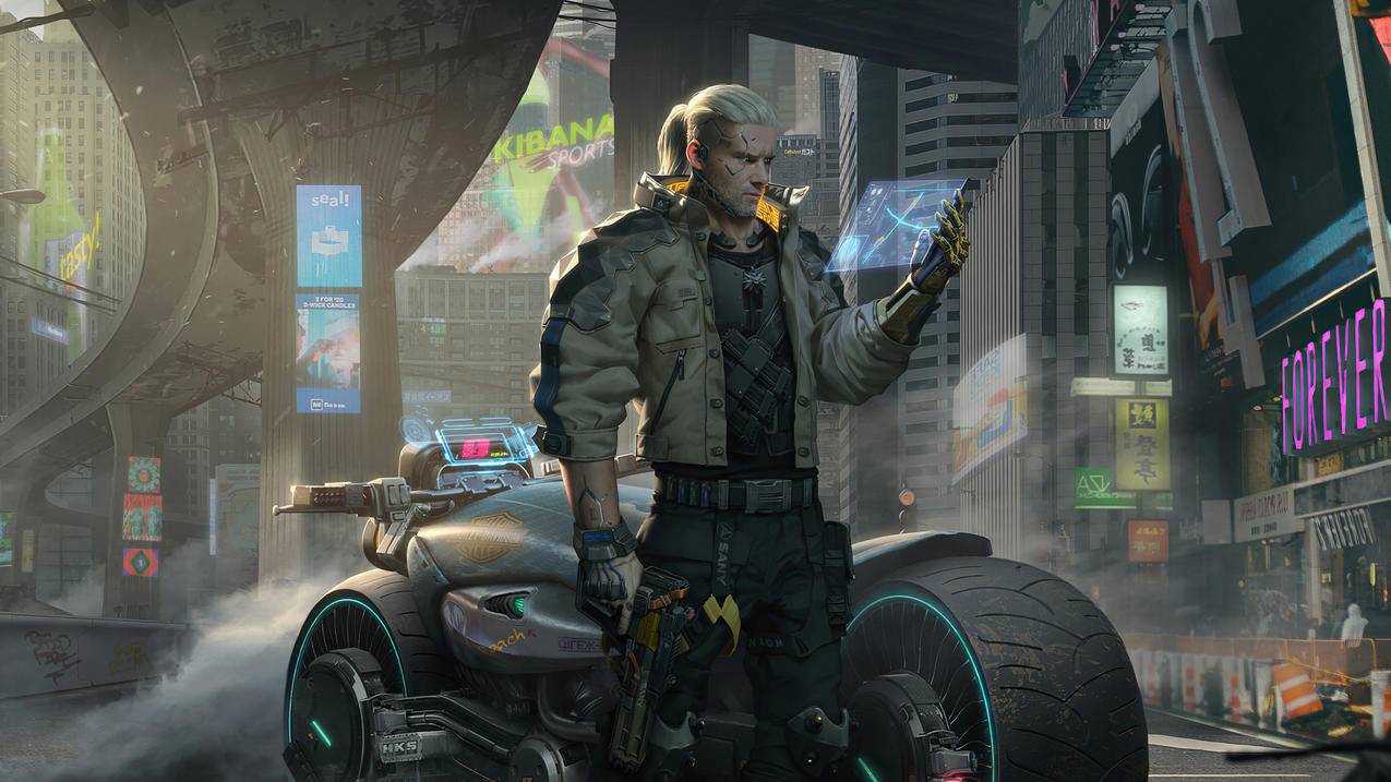 《赛博朋克2077Cyberpunk 2077》机车 光屏 枪 城市 4K高清壁纸