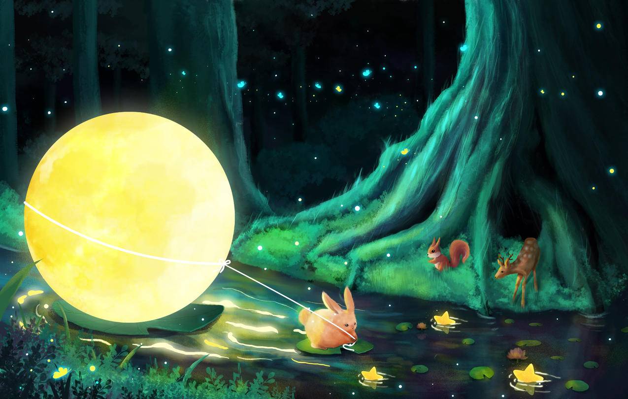 中秋节 月亮 森林 兔子 星星 4K高清动漫壁纸