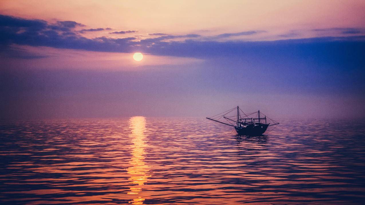 风景海洋渔船夕阳黄昏4k高清壁纸