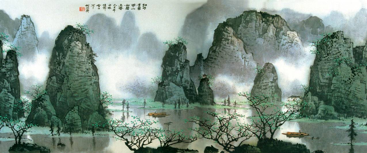 桂林山水水墨画风景带鱼屏壁纸