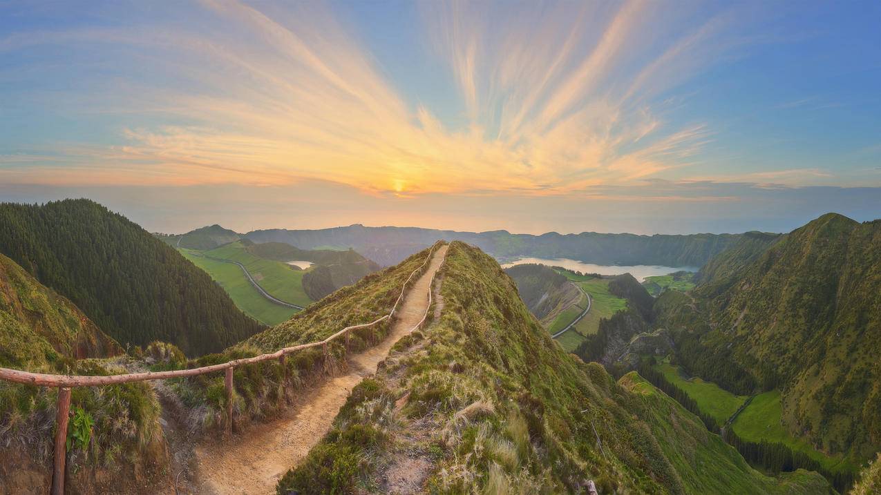 葡萄牙 亚速尔群岛 步道 护栏 日落 4k风景高清壁纸